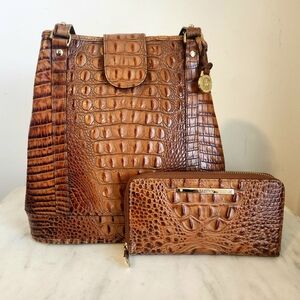 Brahmin Crocodile Embossed Leather Shoulder Bucket Bag and Wallet Toasted Almond